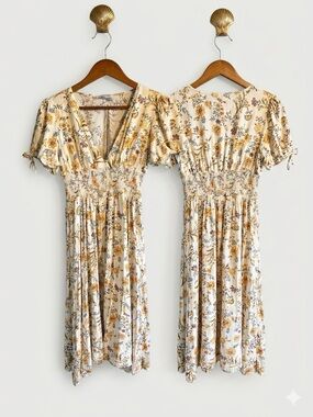 Fortunate One Smocked V-Neck Floral Smocked Midi Dress in Cream and Mustard